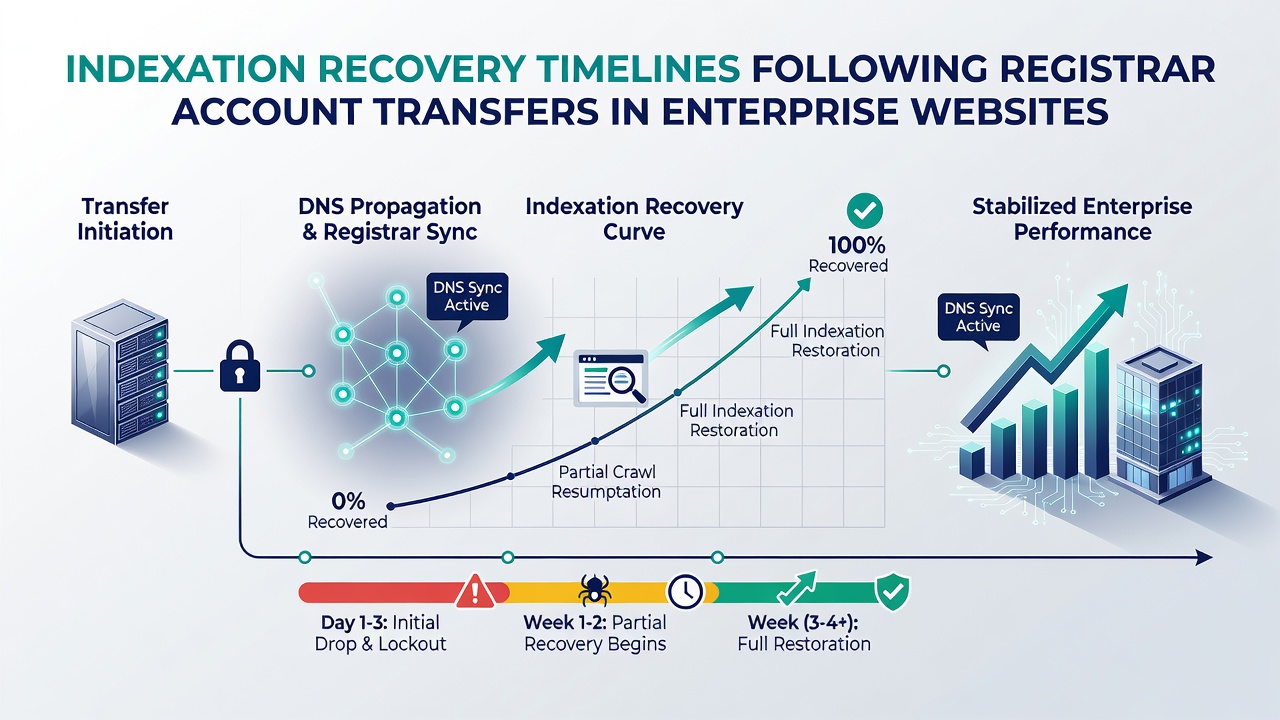 Graph comparing indexation recovery across multiple enterprise websites after registrar changes, with timeline markers